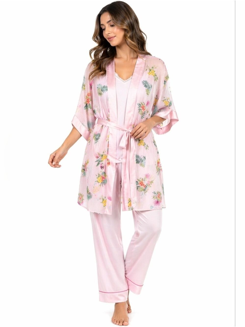FOREVER 21 Satin short Tropical Print Pink Robe Size Small